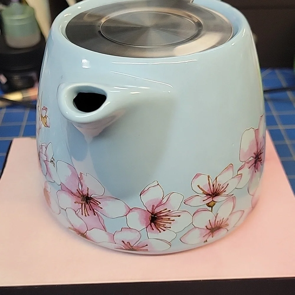 Alfred Light Blue Teapot with Pink Floral Ceramic & Stainless Steel 591ml New